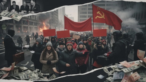 A group of protesters holding red flags and signs during a demonstration