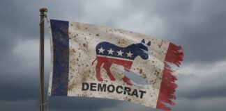 A weathered flag featuring the Democratic Party symbol and the word 'DEMOCRAT'