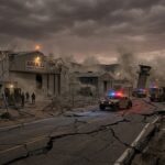 Damaged military base with emergency vehicles and a cracked road