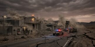 Damaged military base with emergency vehicles and a cracked road