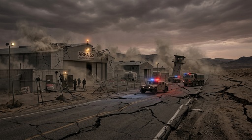 Damaged military base with emergency vehicles and a cracked road