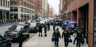 FBI agents conducting an operation at a city street crime scene