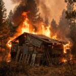 A wooden cabin engulfed in flames surrounded by trees