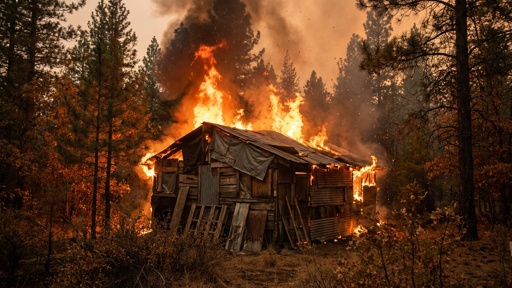 A,Makshift,Cabin,In,The,Woods,Engulfed,In,Flames A wooden cabin engulfed in flames surrounded by trees