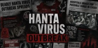 Graphic depicting Hanta virus outbreak with warnings and images of affected areas