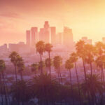 Magic Johnson Ignites LA Mayor BRAWL… Los Angeles skyline with palm trees at sunset.
