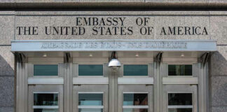 Entrance of the U.S. Embassy building.