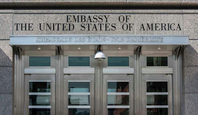 112985398-1 Entrance of the U.S. Embassy building.