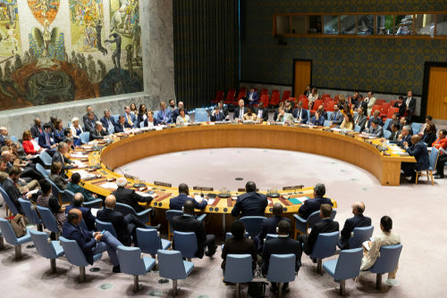 shutterstock_1455825092 UN Security Council meeting in session, multiple representatives attending.