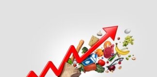 An upward arrow made of various food items emerging from a paper bag