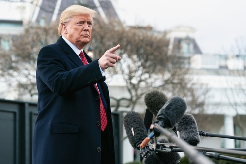 Washington,,D.c.,,Usa,-,Feb,28,2020:,President,Donald,Trump A man in a suit gesturing while speaking at a press conference outside the White House