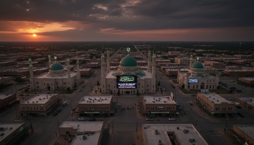 Texan,Town,With,Muslims,Islamic,Signs,At,Mosques,Overview,Ominous Aerial view of a mosque complex at sunset with surrounding buildings