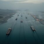 Hormuz ‘Closure’ Exposed — Ships Still Sail Aerial view of cargo ships navigating a shipping channel
