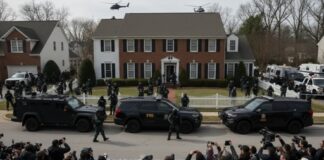FBI agents and SWAT team outside a house during an operation