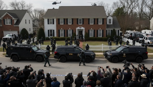 Fbi,Swarming,A,Home FBI agents and SWAT team outside a house during an operation