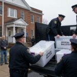 Police officers loading official ballot boxes into a truck outside a municipal building