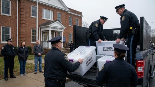 Authorities,Removing,Boxes,Of,Balloots,Somber Police officers loading official ballot boxes into a truck outside a municipal building