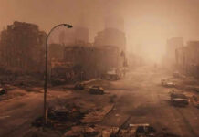 Desolate city street with ruined buildings and abandoned cars.