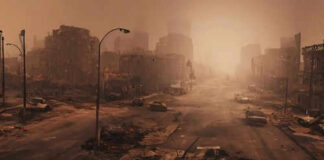 Desolate city street with ruined buildings and abandoned cars.