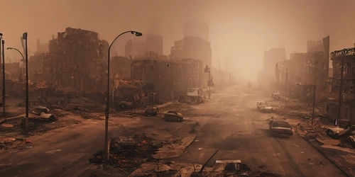 Desolate city street with ruined buildings and abandoned cars.