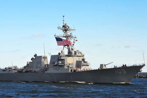 United,States,Navy,Ship,Uss,Jason,Dunham,In,The,Baltic naval destroyer with flags sailing on open water