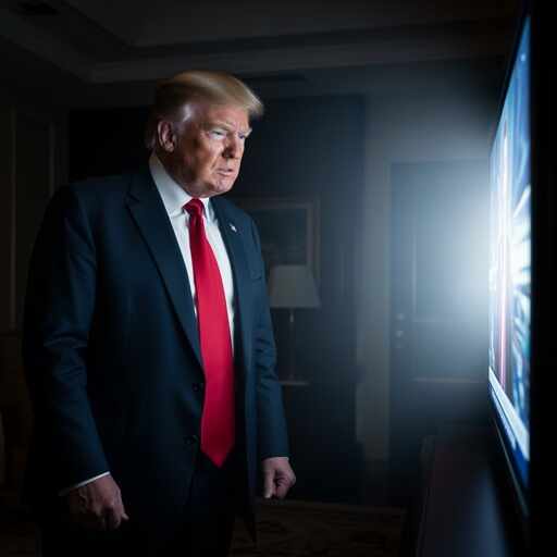 Trump,Starring,At,Television,Angirly A man in a suit and red tie watching a television screen in a dimly lit room