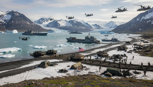 American,Military,Invading,Greenland Military personnel and equipment on a snowy beach with helicopters flying overhead