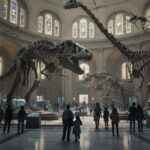 Fossil Freeze-Frames Brutal T. rex Face Chomp Visitors observing dinosaur skeletons in a museum hall