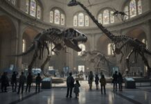 Visitors observing dinosaur skeletons in a museum hall
