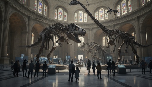 Breathtaking,Picture,Of,Museum,Dinosaur,Bones Visitors observing dinosaur skeletons in a museum hall