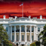 The White House with an American flag against a dramatic red sky