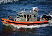 U.S. Coast Guard patrol boat speeding on open water