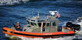 U.S. Coast Guard patrol boat speeding on open water