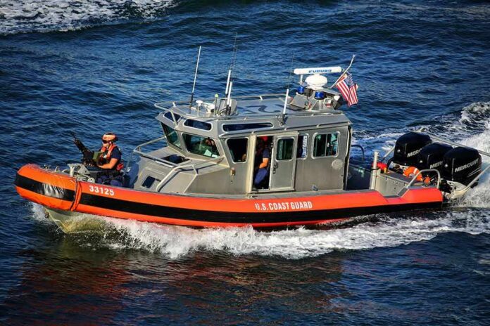 U.S. Coast Guard patrol boat speeding on open water