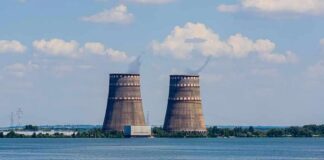 Cooling towers of a power plant by a wide river