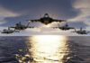 Cockpit-Tail Hit: The Unthinkable Play Five jets flying low over the ocean at sunset.