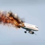 Passenger airplane with engine on fire in flight