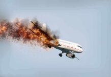 Passenger airplane with engine on fire in flight