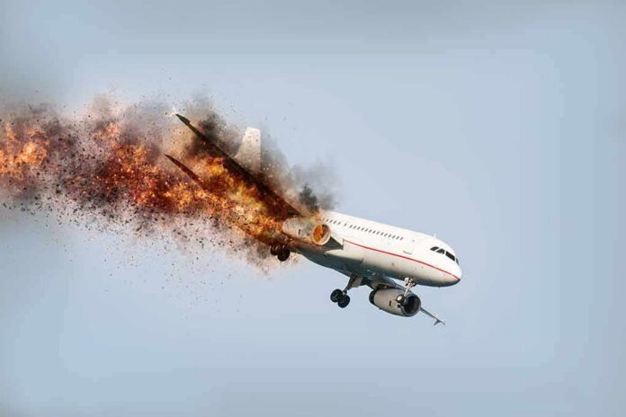 Passenger airplane with engine on fire in flight