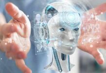 robot head hologram between outstretched hands