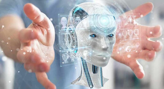 robot head hologram between outstretched hands