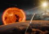 rocket launching above a planet toward a bright sun