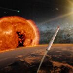 rocket launching above a planet toward a bright sun