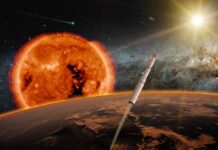 Filament Eruption Sparks Forecast Whiplash rocket launching above a planet toward a bright sun