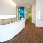 Modern reception desk in a bright hallway