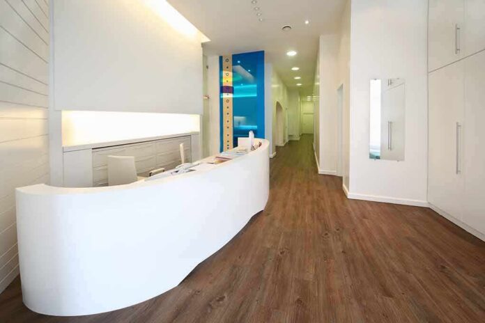 Modern reception desk in a bright hallway