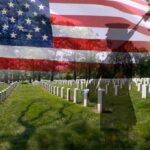 A military cemetery with white gravestones and an American flag overlay, featuring a soldier silhouette