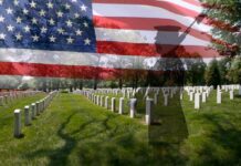 Casualty Gap Mystery – 18 Public, 22 Whispers A military cemetery with white gravestones and an American flag overlay, featuring a soldier silhouette