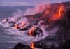 New Lava Vents Break Through Crater Lava flows entering the ocean along a rugged coastline