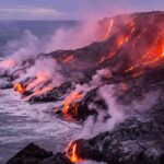 New Lava Vents Break Through Crater Lava flows entering the ocean along a rugged coastline
